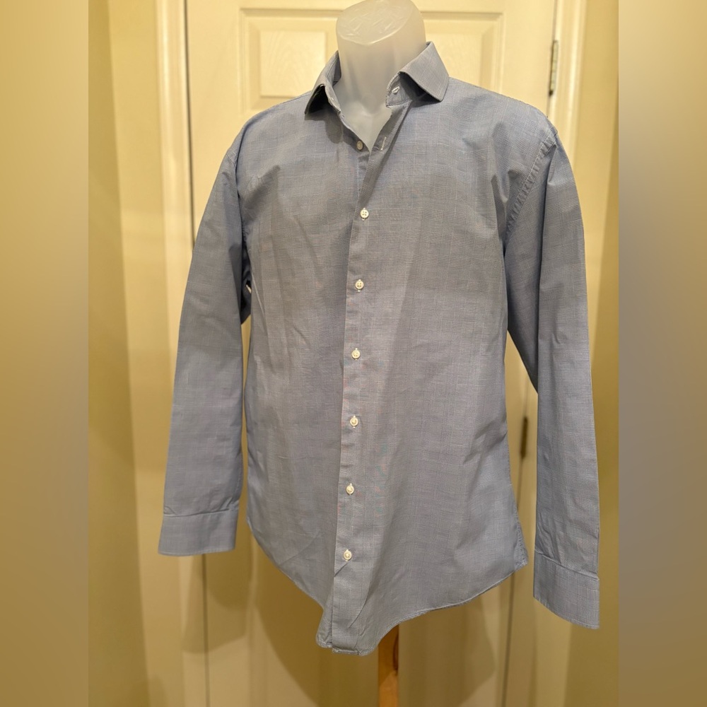 NORDSTROM RACK Mens (Slim Fit) Light Blue Plaid Dress Shirt, Size: 17 34/35
